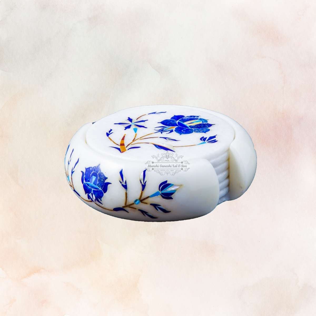 Blue Flower Carved Design Marble Coaster